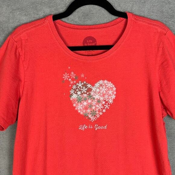 Life Is Good Top Women Large Red Crusher Tee Classic Fit Snowflake Heart Holiday - Picture 2 of 12